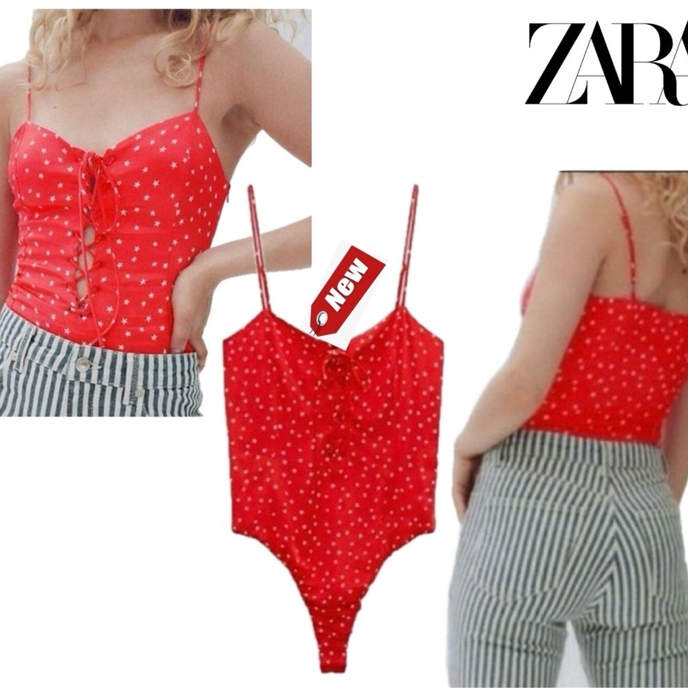 Zara Red Lace Up Satin Effect Star Print Bodysuit Side Zip NWT spaghetti strap